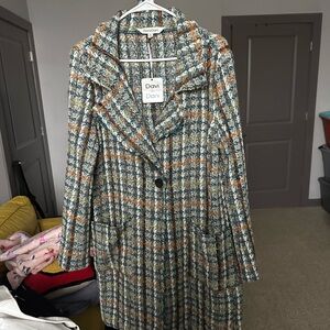 DAVI & DANI Women's Plaid Trench Coat - Blue, Orange, White